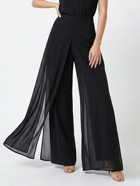 Vintage J.R. Nites Woman Black Polyester Chiffon Overlay Wide Leg Dress Pants 24